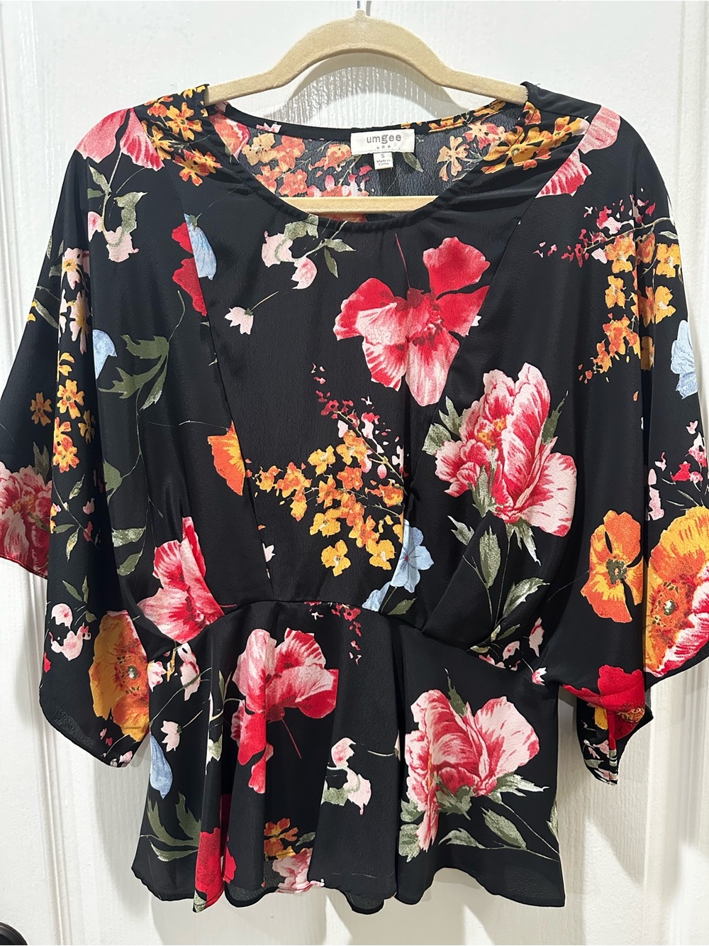 Umgee Black Floral Peplum Top - Red, Pink & Yellow Blooms